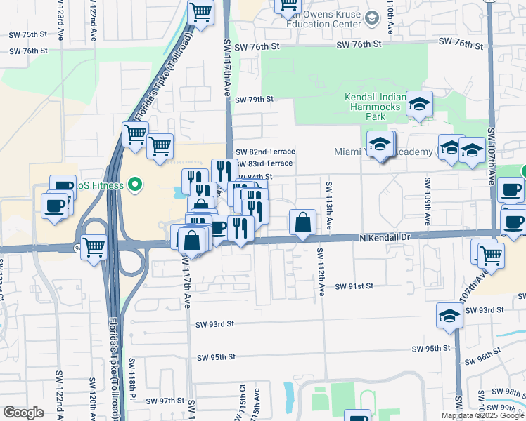 map of restaurants, bars, coffee shops, grocery stores, and more near 11543 North Kendall Drive in Miami