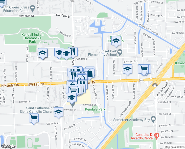 map of restaurants, bars, coffee shops, grocery stores, and more near 10491 Florida 94 in Miami