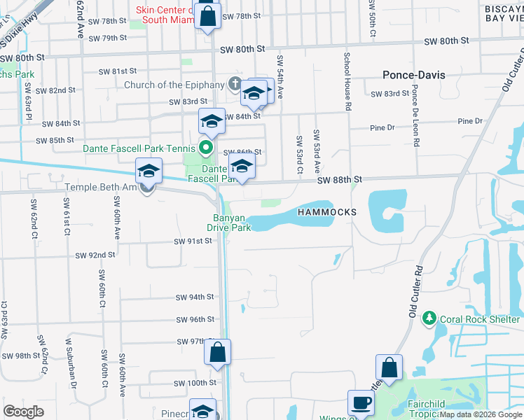 map of restaurants, bars, coffee shops, grocery stores, and more near 5425 Hammock Drive in Coral Gables