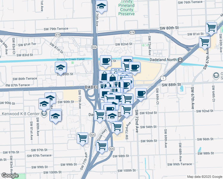 map of restaurants, bars, coffee shops, grocery stores, and more near 7350 Southwest 89th Street in Miami