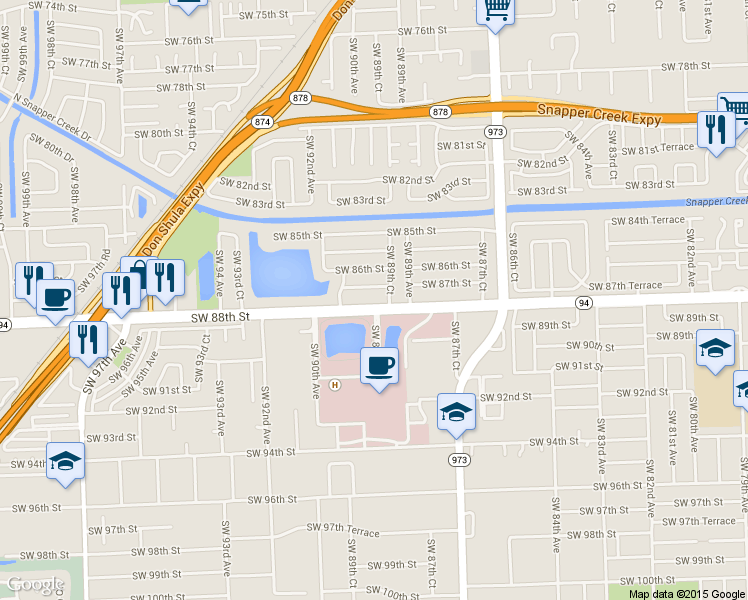 map of restaurants, bars, coffee shops, grocery stores, and more near 8840 Southwest 88th Street in Miami