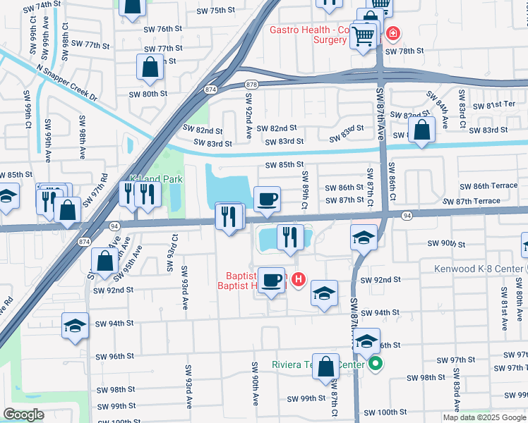 map of restaurants, bars, coffee shops, grocery stores, and more near 8920 North Kendall Drive in Miami