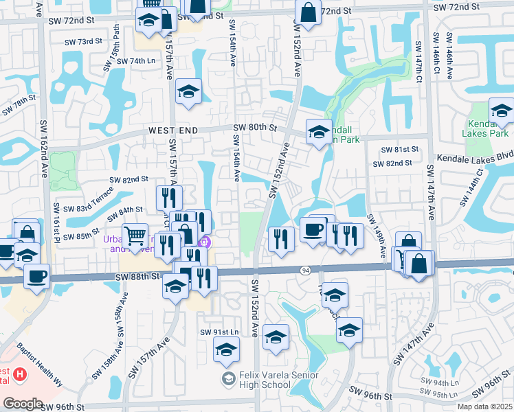 map of restaurants, bars, coffee shops, grocery stores, and more near 8394 Southwest 152nd Avenue Circle in Miami