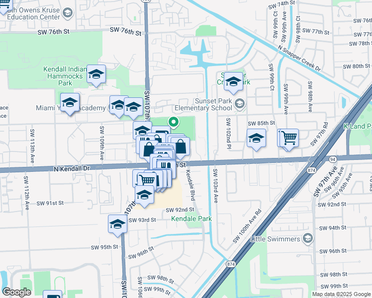 map of restaurants, bars, coffee shops, grocery stores, and more near 10425 North Kendall Drive in Miami