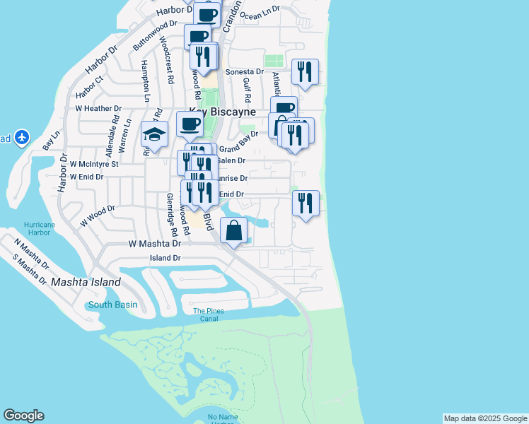 map of restaurants, bars, coffee shops, grocery stores, and more near 785 Crandon Boulevard in Key Biscayne