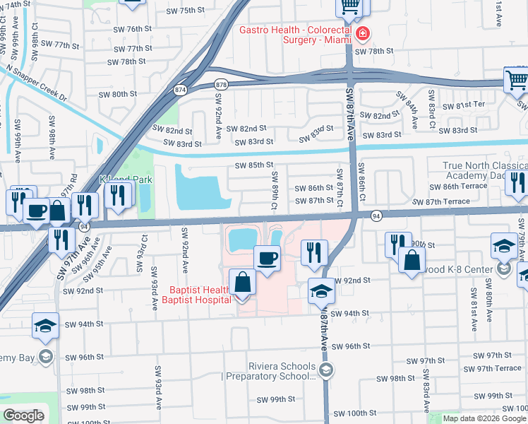 map of restaurants, bars, coffee shops, grocery stores, and more near 8840 Southwest 88th Street in Miami