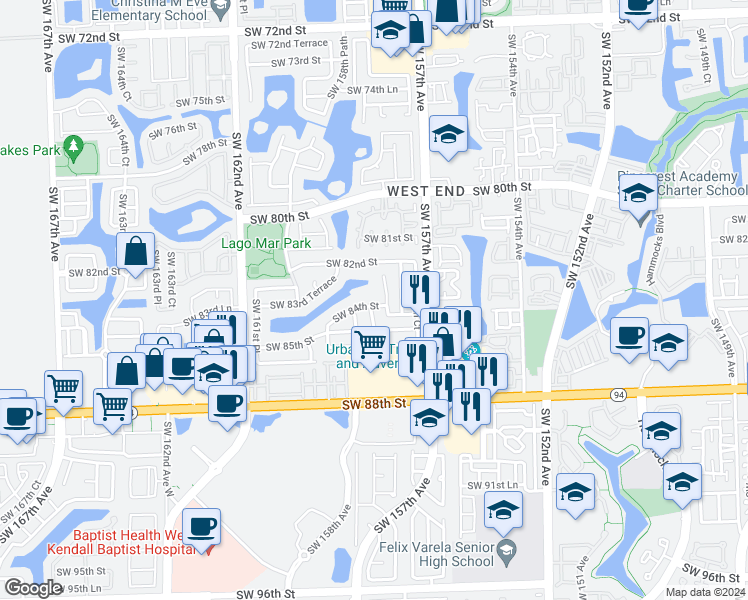 map of restaurants, bars, coffee shops, grocery stores, and more near 15819 Southwest 84th Street in Miami