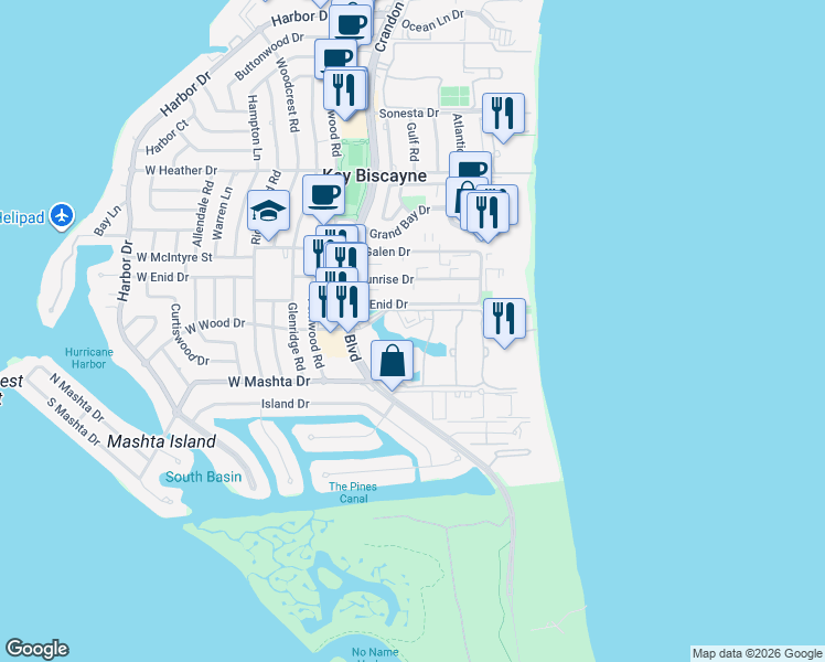 map of restaurants, bars, coffee shops, grocery stores, and more near 205 East Enid Drive in Key Biscayne