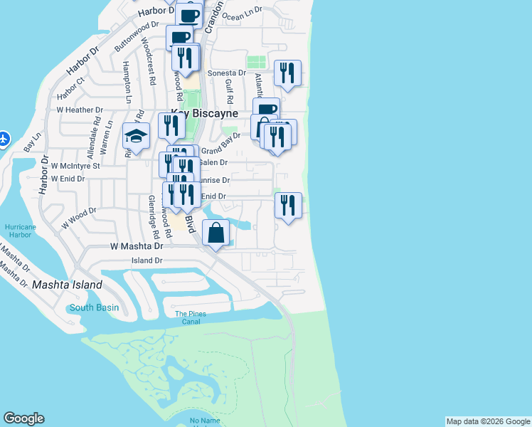 map of restaurants, bars, coffee shops, grocery stores, and more near 650 Ocean Drive in Key Biscayne