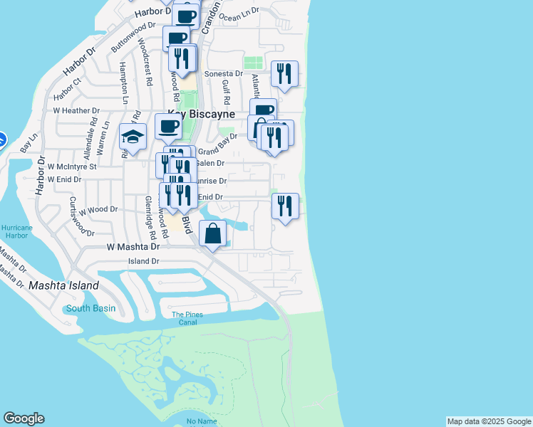 map of restaurants, bars, coffee shops, grocery stores, and more near 650 Ocean Drive in Key Biscayne