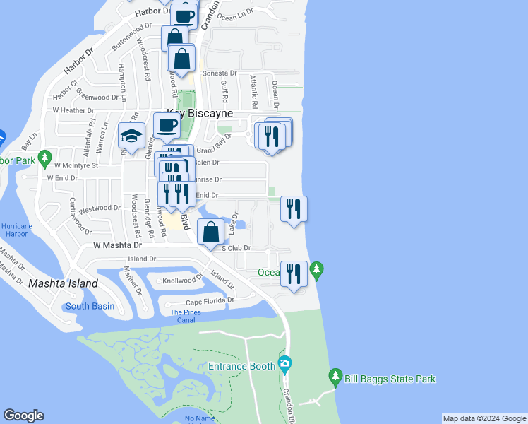 map of restaurants, bars, coffee shops, grocery stores, and more near 781 Crandon Boulevard in Key Biscayne