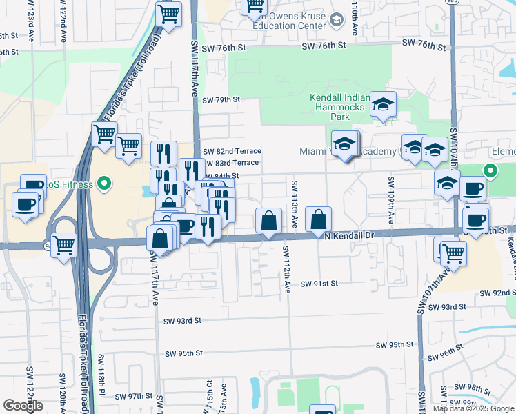 map of restaurants, bars, coffee shops, grocery stores, and more near 11377 Southwest 85th Lane in Miami