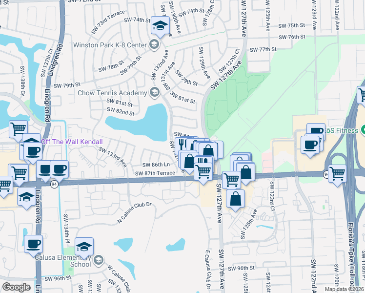 map of restaurants, bars, coffee shops, grocery stores, and more near 13110 Southwest 84th Street in Miami