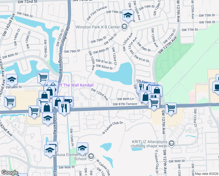 map of restaurants, bars, coffee shops, grocery stores, and more near 8549 Southwest 133rd Place in Miami