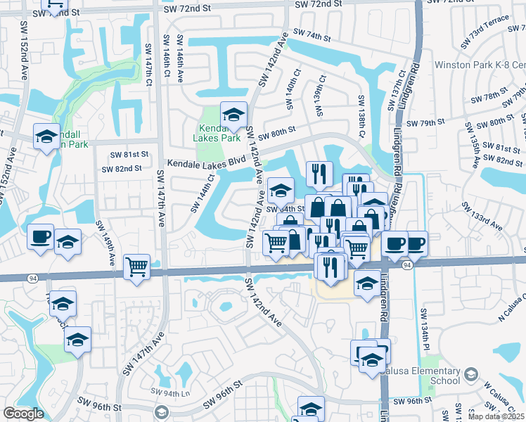map of restaurants, bars, coffee shops, grocery stores, and more near 8320 Southwest 142nd Avenue in Miami