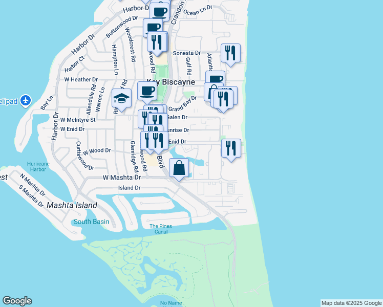map of restaurants, bars, coffee shops, grocery stores, and more near 713 Crandon Boulevard in Key Biscayne
