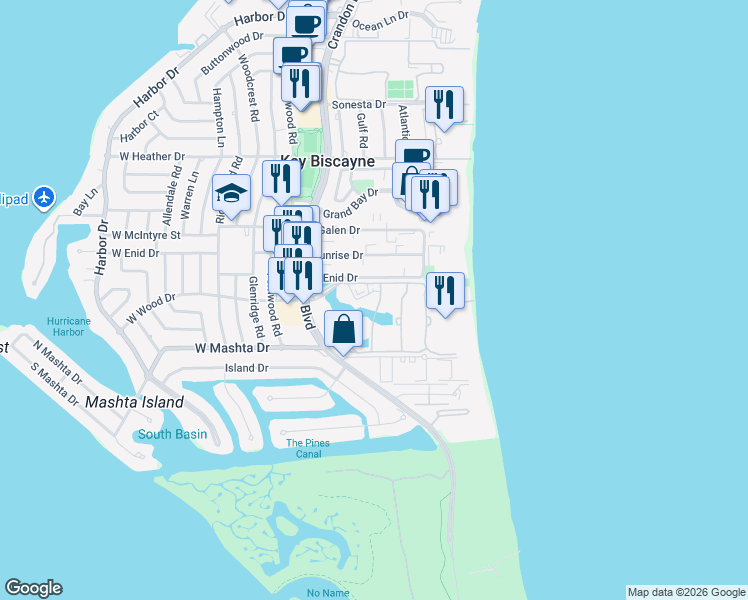map of restaurants, bars, coffee shops, grocery stores, and more near 205 East Enid Drive in Key Biscayne
