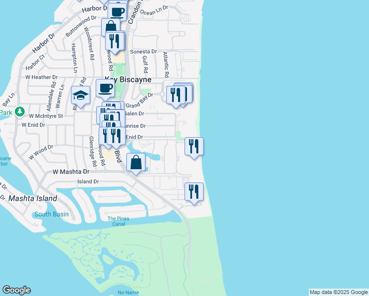 map of restaurants, bars, coffee shops, grocery stores, and more near 650 Ocean Drive in Key Biscayne