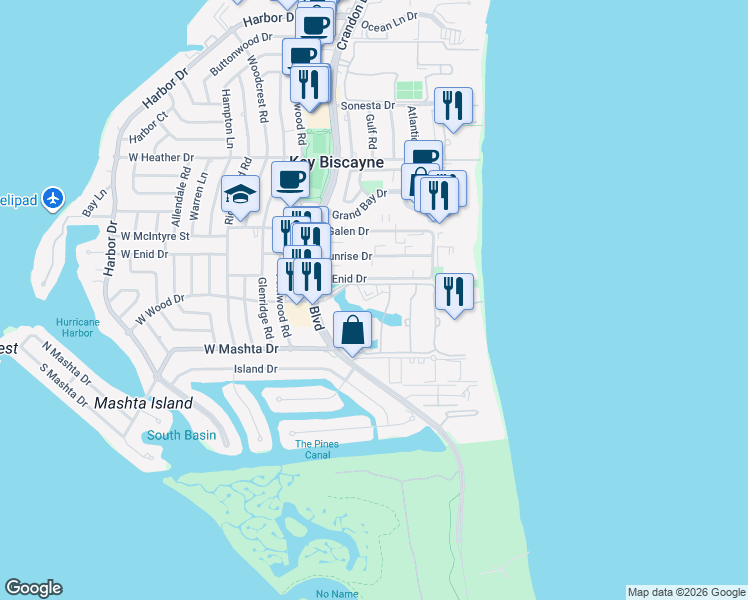 map of restaurants, bars, coffee shops, grocery stores, and more near 715 Crandon Boulevard in Key Biscayne