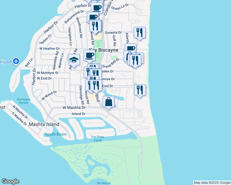 map of restaurants, bars, coffee shops, grocery stores, and more near 715 Crandon Boulevard in Key Biscayne