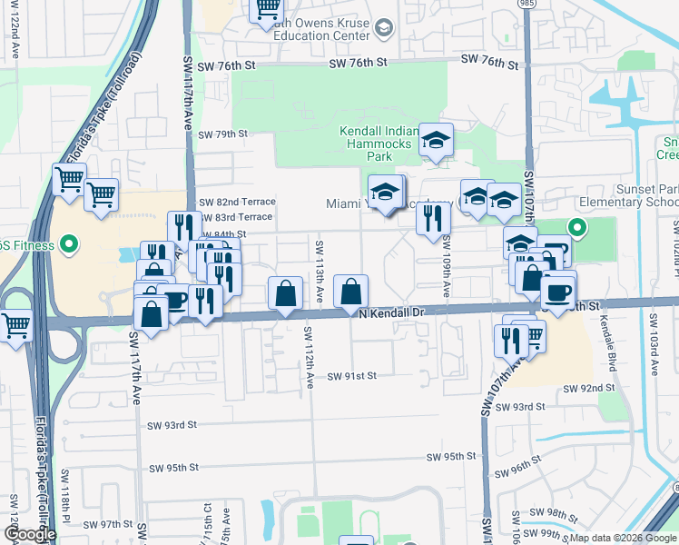 map of restaurants, bars, coffee shops, grocery stores, and more near 11265 Southwest 88th Street in Miami