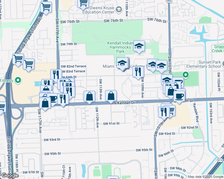 map of restaurants, bars, coffee shops, grocery stores, and more near 11265 Southwest 88th Street in Miami