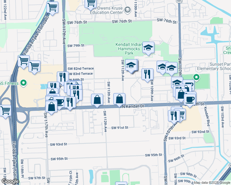 map of restaurants, bars, coffee shops, grocery stores, and more near 11265 Southwest 88th Street in Miami