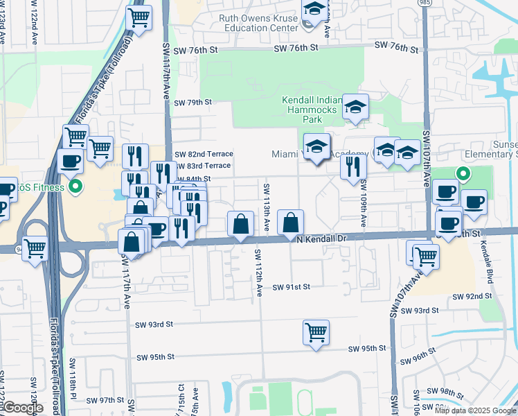 map of restaurants, bars, coffee shops, grocery stores, and more near 8573 Southwest 113th Avenue in Miami