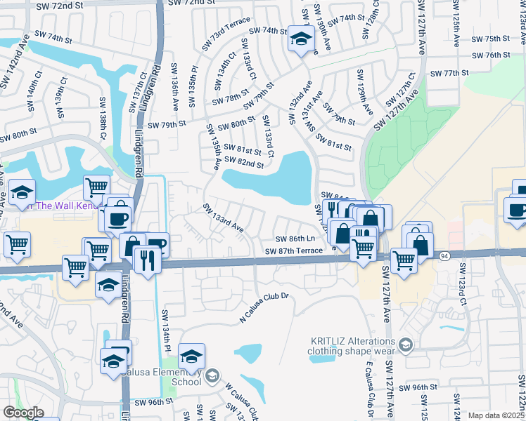 map of restaurants, bars, coffee shops, grocery stores, and more near 8617 Southwest 133rd Place in Miami