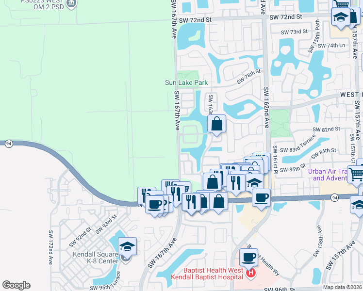 map of restaurants, bars, coffee shops, grocery stores, and more near 16660 Southwest 82nd Street in Miami