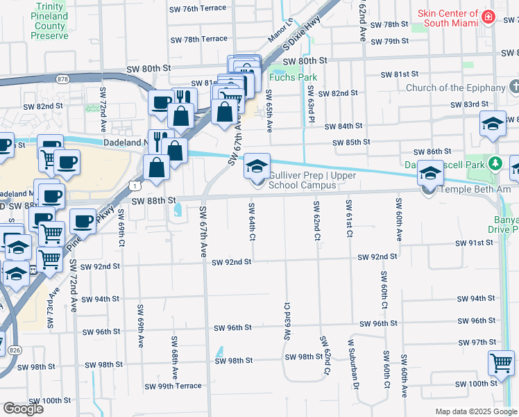 map of restaurants, bars, coffee shops, grocery stores, and more near 6575 North Kendall Drive in Pinecrest