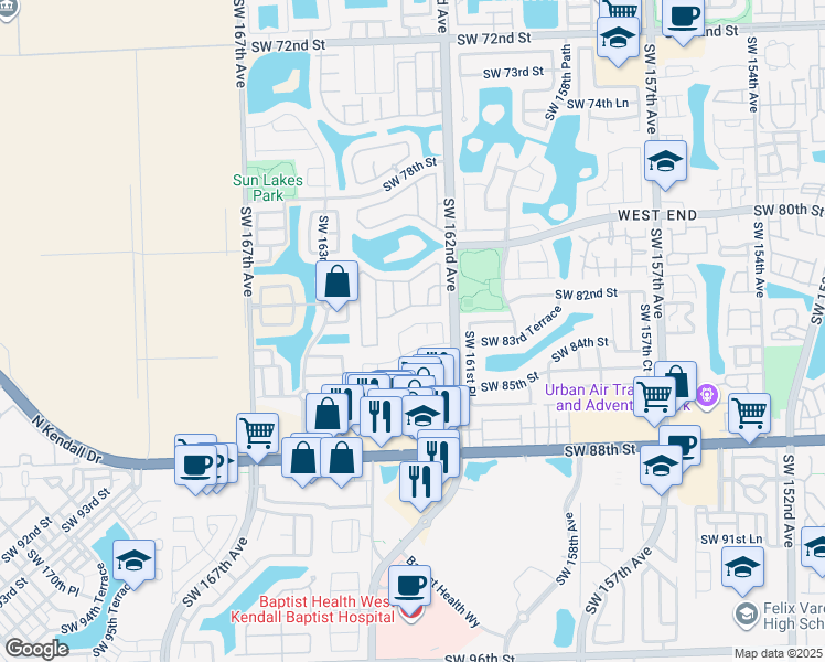 map of restaurants, bars, coffee shops, grocery stores, and more near 16268 Southwest 83rd Street in Miami