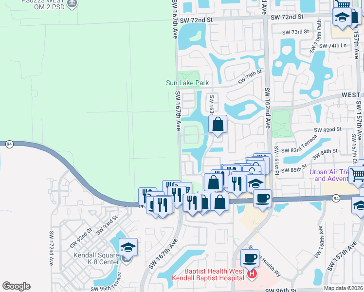 map of restaurants, bars, coffee shops, grocery stores, and more near 16660 Southwest 82nd Street in Miami