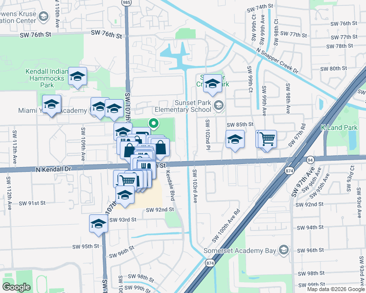 map of restaurants, bars, coffee shops, grocery stores, and more near 10393 North Kendall Drive in Miami