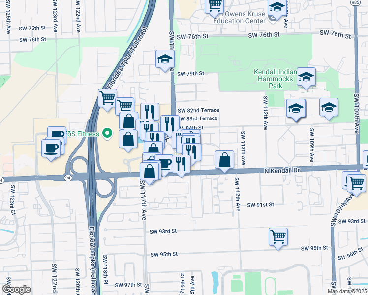 map of restaurants, bars, coffee shops, grocery stores, and more near 8562 Southwest 115th Court in Miami