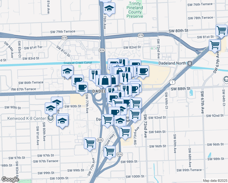 map of restaurants, bars, coffee shops, grocery stores, and more near 7563 North Kendall Drive in Miami