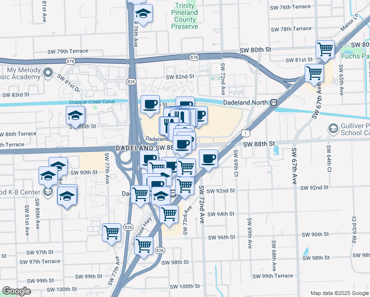 map of restaurants, bars, coffee shops, grocery stores, and more near 7535 Dadeland Mall Circle West in Kendall