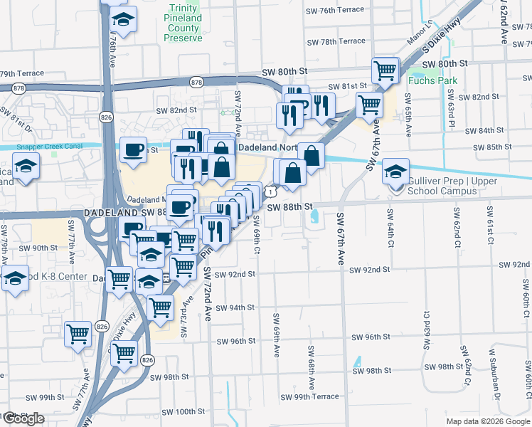 map of restaurants, bars, coffee shops, grocery stores, and more near 8765 South Dixie Highway in Miami