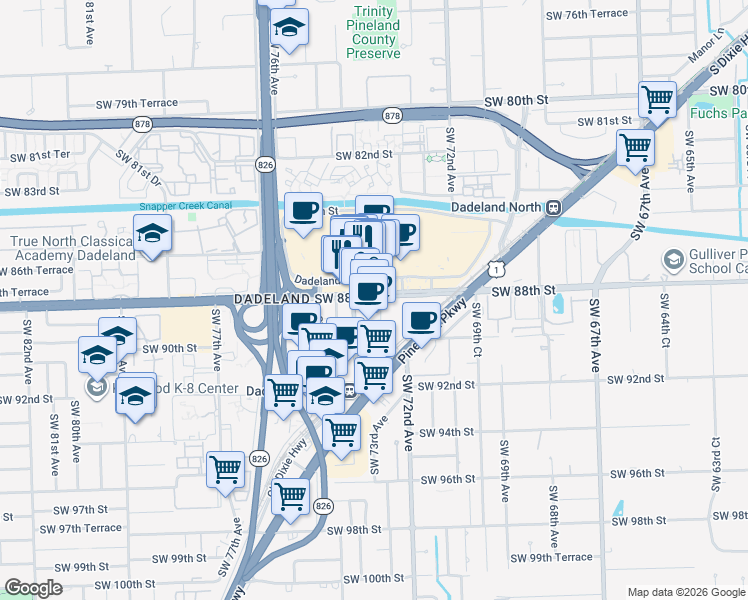 map of restaurants, bars, coffee shops, grocery stores, and more near 7535 Dadeland Mall Circle West in Kendall