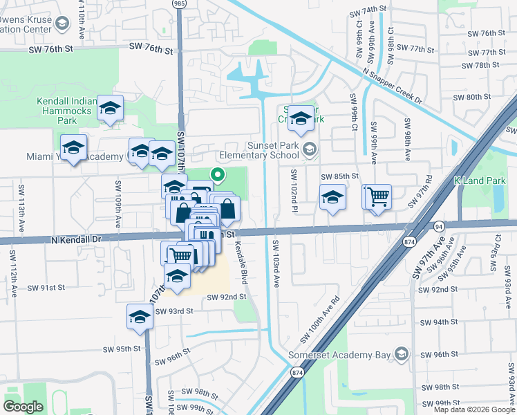 map of restaurants, bars, coffee shops, grocery stores, and more near 10393 North Kendall Drive in Miami
