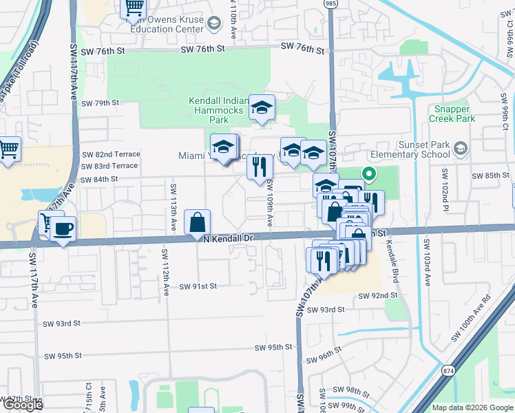 map of restaurants, bars, coffee shops, grocery stores, and more near 8599 Southwest 109th Avenue in Miami