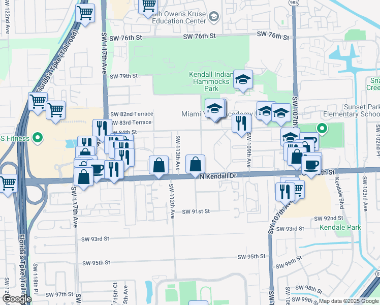 map of restaurants, bars, coffee shops, grocery stores, and more near 11265 Southwest 88th Street in Miami