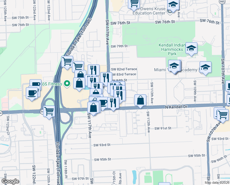 map of restaurants, bars, coffee shops, grocery stores, and more near 8562 Southwest 115th Court in Miami