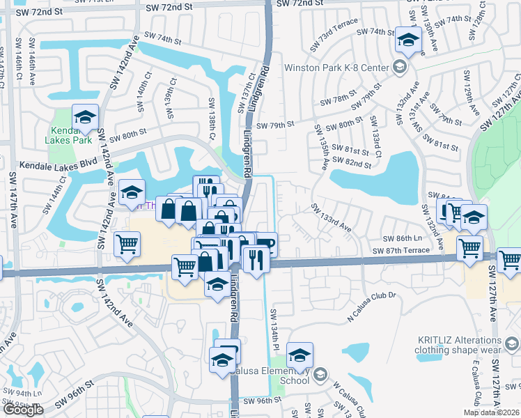map of restaurants, bars, coffee shops, grocery stores, and more near 8621 Southwest 137th Avenue in Miami