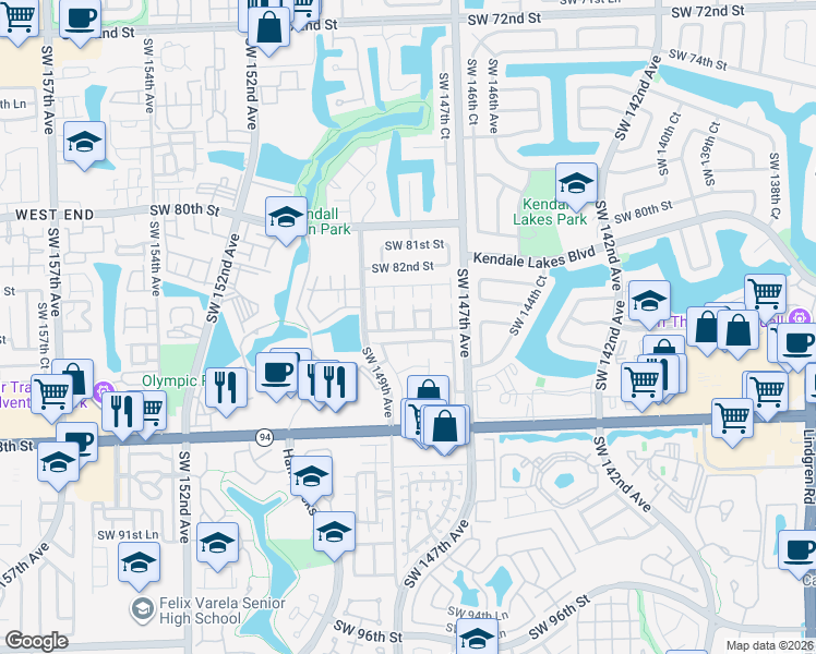 map of restaurants, bars, coffee shops, grocery stores, and more near 14835 Southwest 83rd Lane in Miami