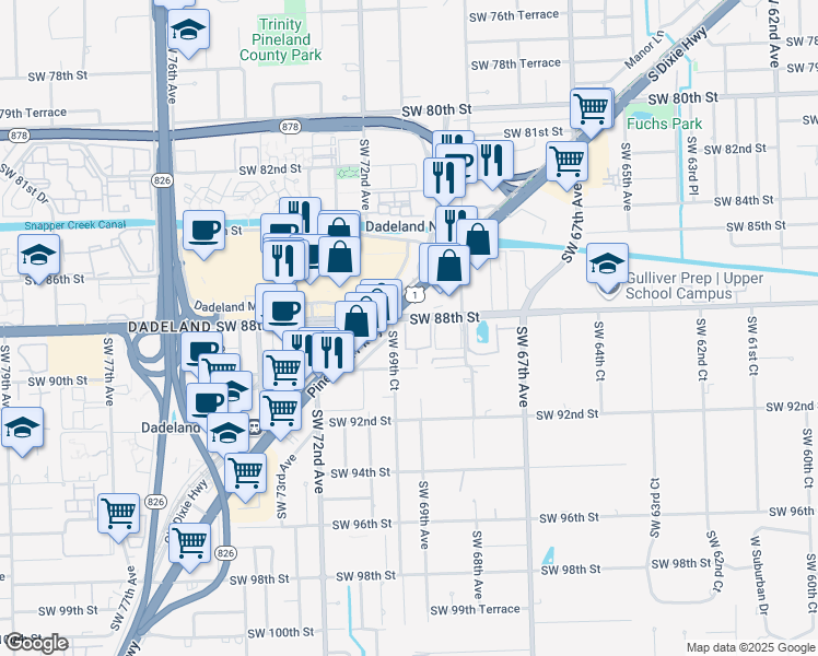 map of restaurants, bars, coffee shops, grocery stores, and more near 8765 South Dixie Highway in Miami