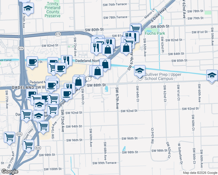 map of restaurants, bars, coffee shops, grocery stores, and more near 6725 Southwest 88th Terrace in Miami