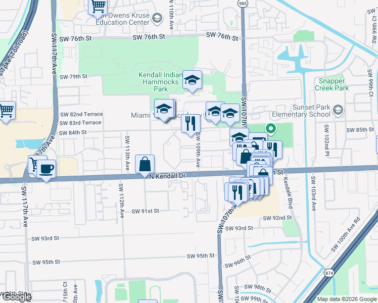 map of restaurants, bars, coffee shops, grocery stores, and more near 8599 Southwest 109th Avenue in Miami