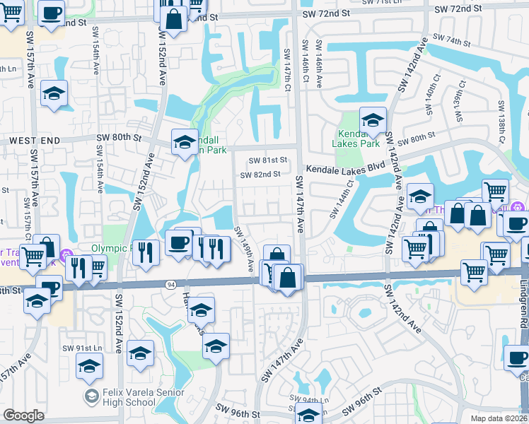 map of restaurants, bars, coffee shops, grocery stores, and more near 14835 Southwest 83rd Lane in Miami