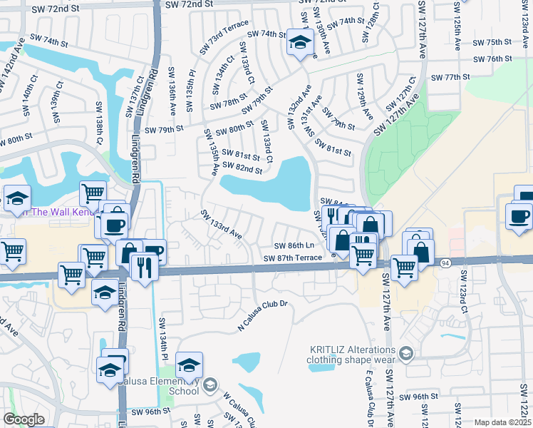 map of restaurants, bars, coffee shops, grocery stores, and more near 8617 Southwest 133rd Place in Miami